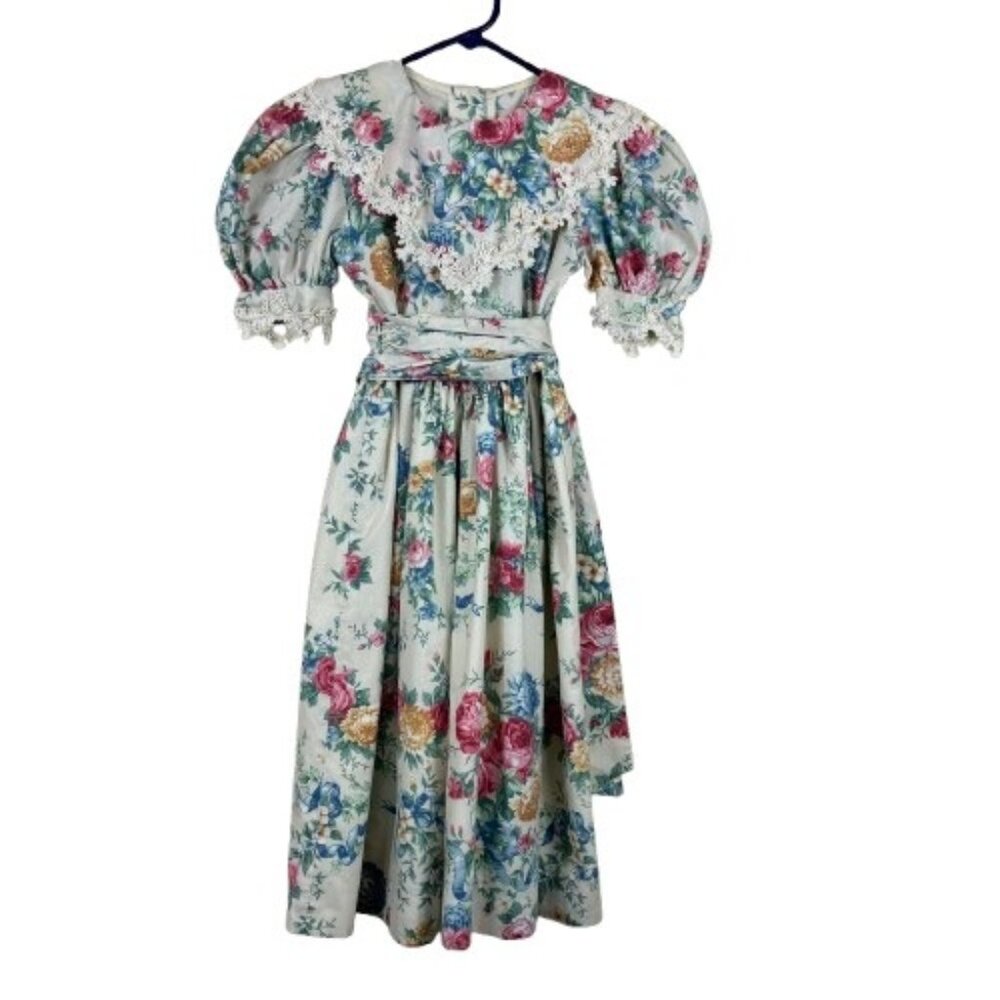 RARE VTG 80s Susi Dee Cottagecore Floral Dress Lace Bib Puff Sleeve Prairie Sz 7